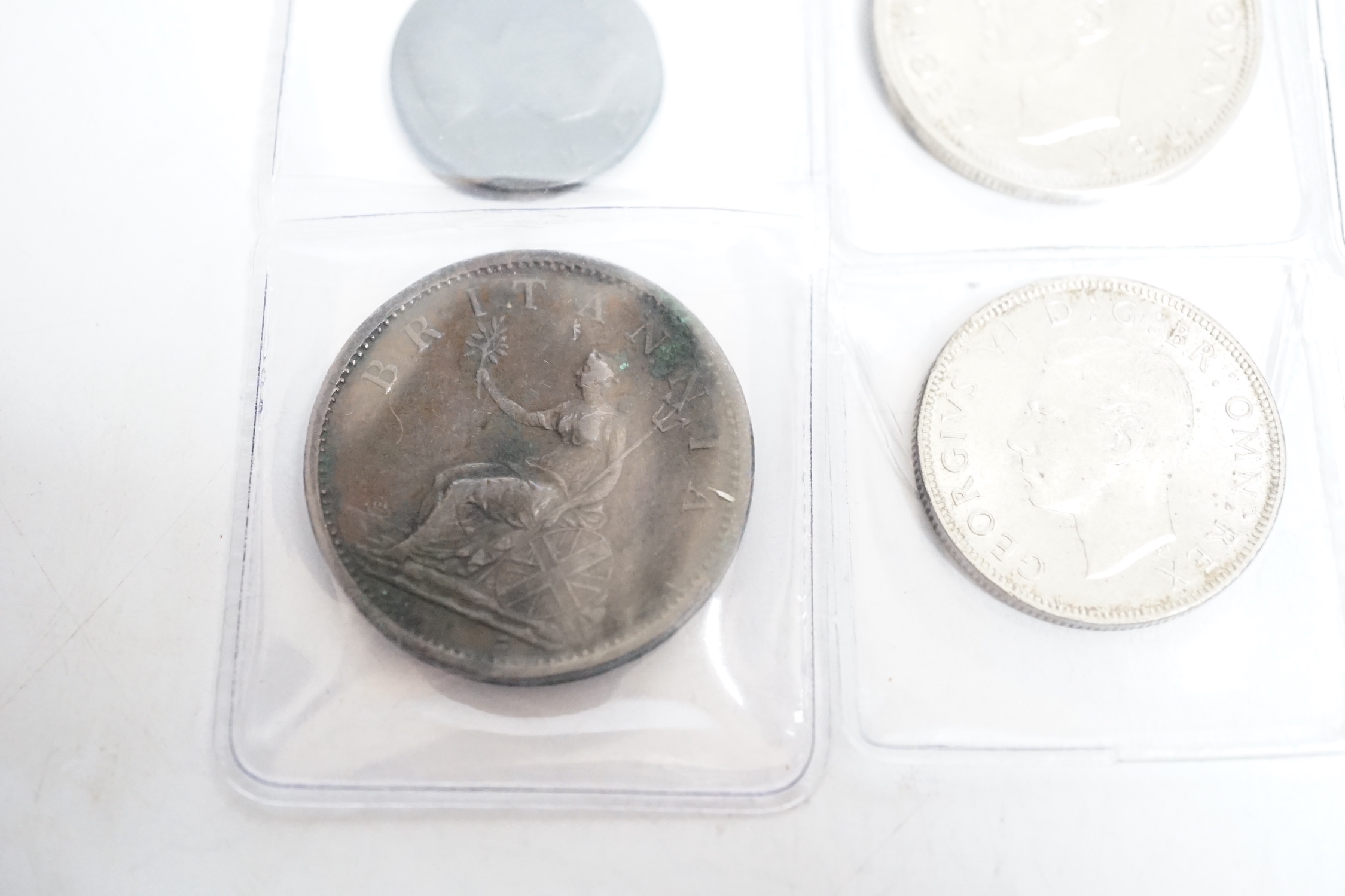 UK coins, 1938 and 1942 half crowns, 1736 farthing, 1806 penny, 1942 and a ZuidAfrica 2 shillings